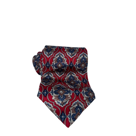 Domani Other - Domani Mens Red Blue Medallion Geometric 100% Italian Silk Necktie 4 Inch Width